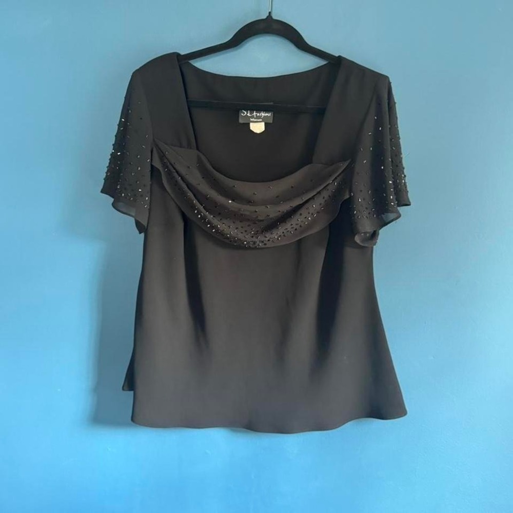 Vintage 80s Beaded Blouse Women's Size 14 Black Cowl‎ Neck S.L. Fashions Retro